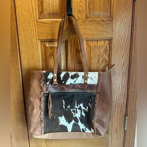 Myra Large Tote Purse Weekender Bag Cowhide Cowhair Leather Western